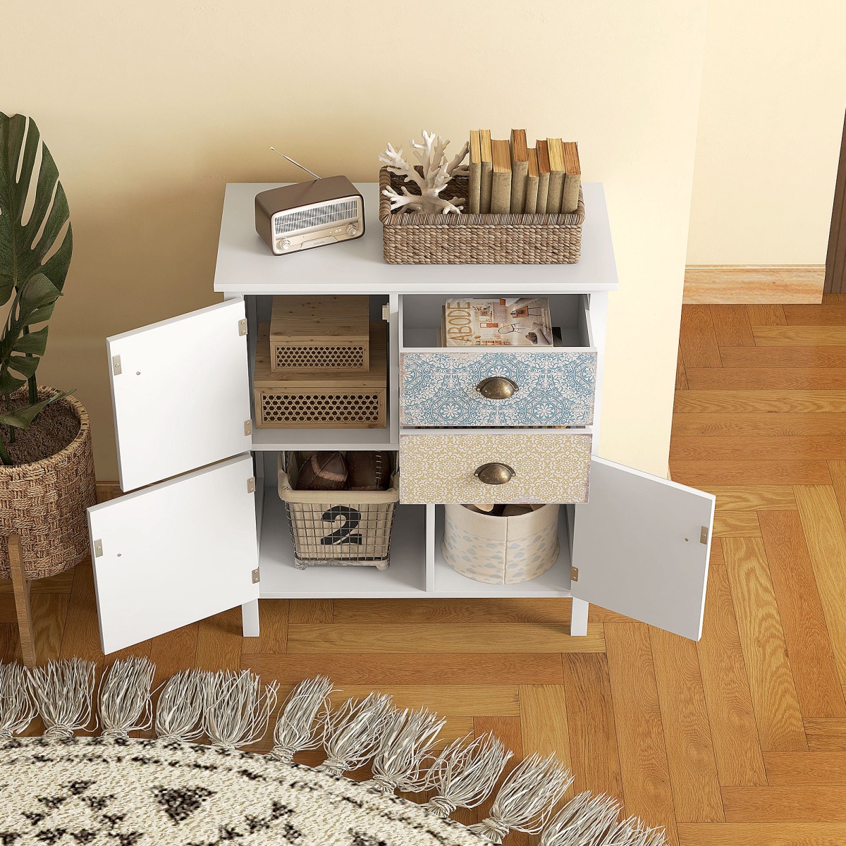 Μπουφές, shabby chic συρταριέρα, 2 συρτάρια, 3 θήκες για ντουλάπια, ξύλο πεύκου, 68x34x80cm, λευκό