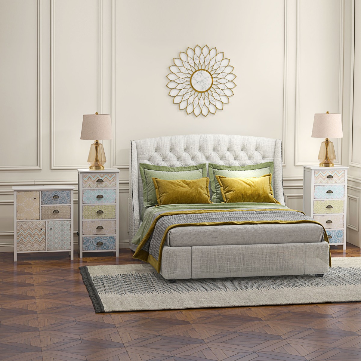 Μπουφές, shabby chic συρταριέρα, 2 συρτάρια, 3 θήκες για ντουλάπια, ξύλο πεύκου, 68x34x80cm, λευκό