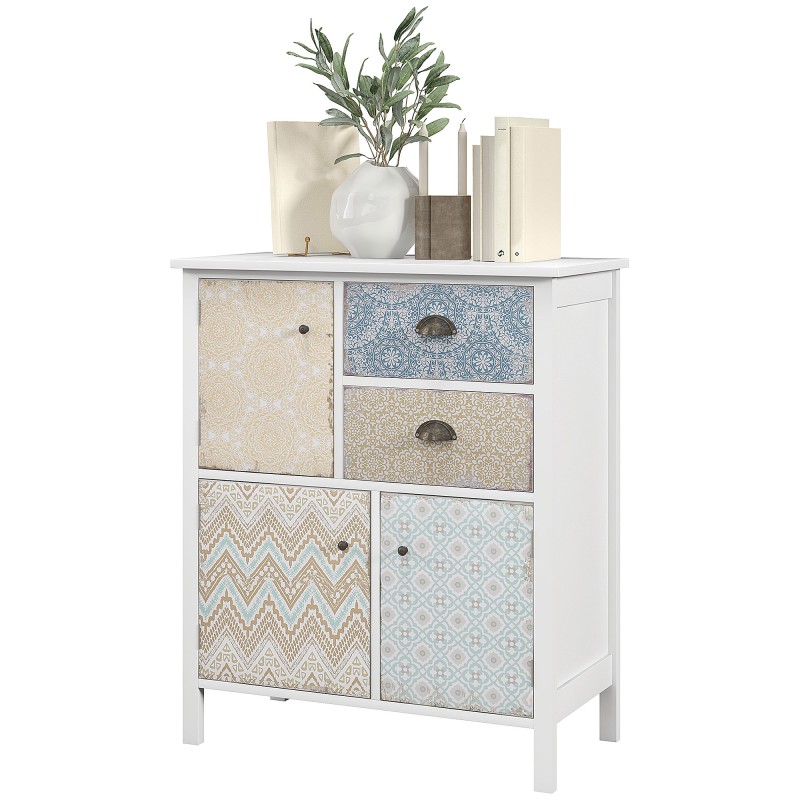 Μπουφές, shabby chic συρταριέρα, 2 συρτάρια, 3 θήκες για ντουλάπια, ξύλο πεύκου, 68x34x80cm, λευκό