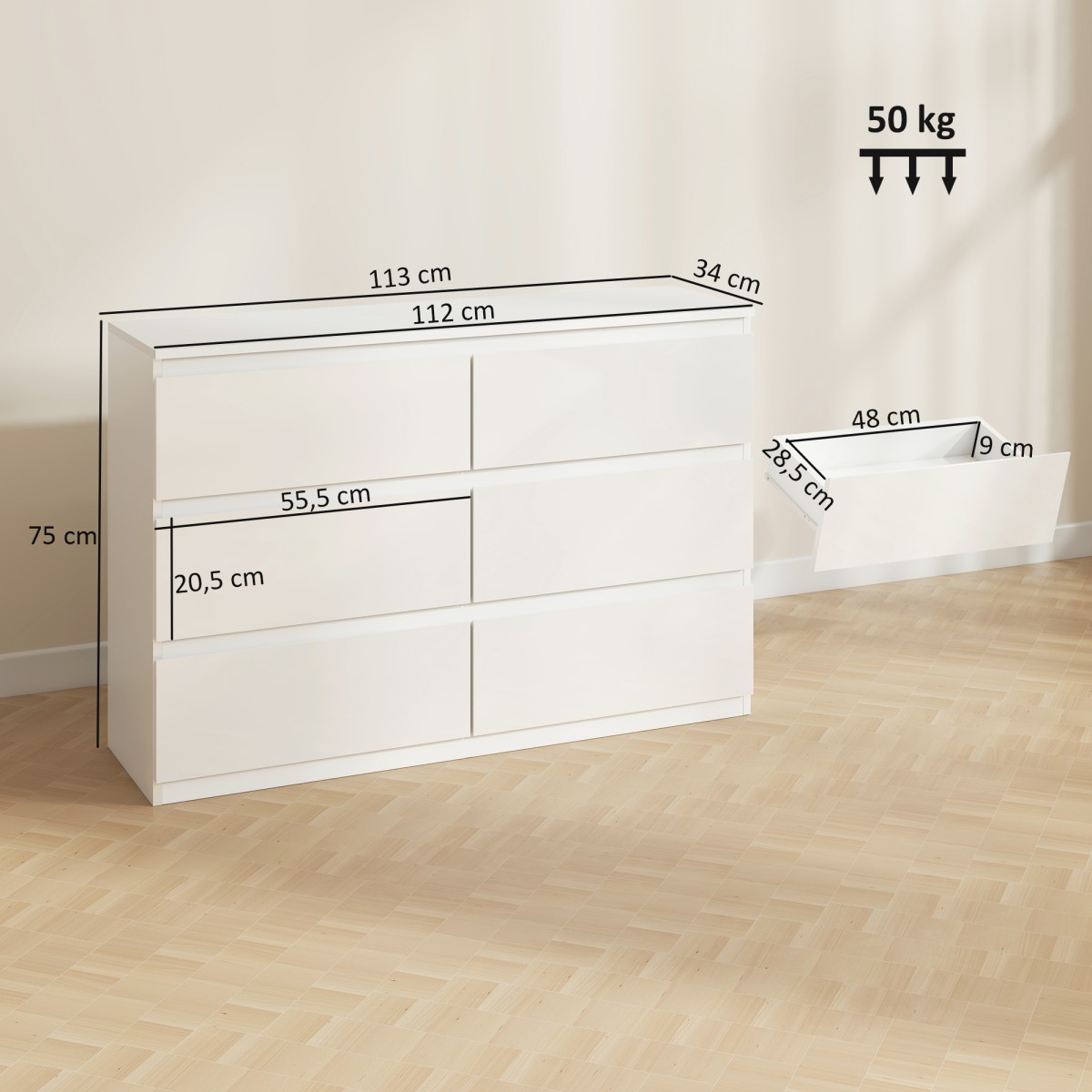 Συρταριέρα 6, Μοντέρνα Έπιπλα Αποθήκης Υπνοδωματίου, Λευκό