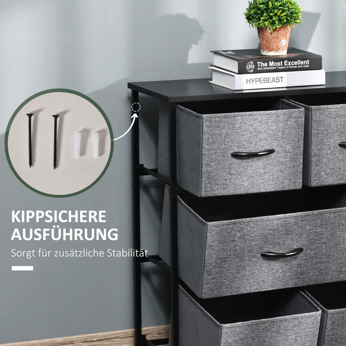 Συρταριέρα με 8 υφασμάτινα συρτάρια, 2 μεγάλα, 6 μικρά, μεταλλικός σκελετός, αντι-άκρη, γκρι
