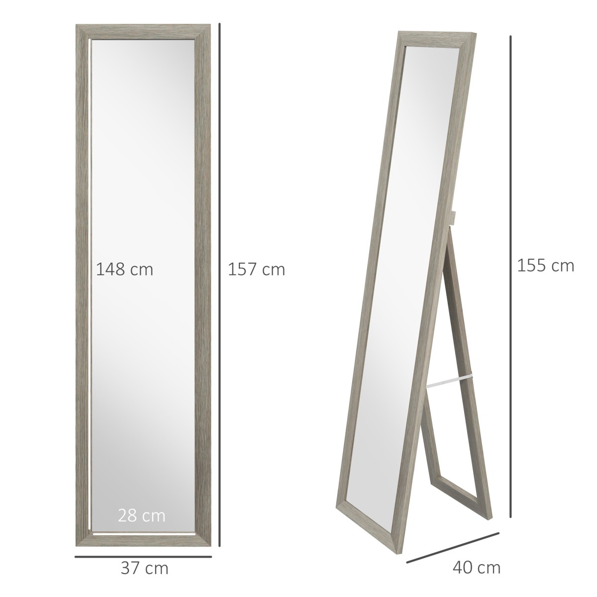 Ολόσωμος καθρέφτης 37 x 157 cm Κρεμαστός ή όρθιος ορθογώνιος καθρέφτης για υπνοδωμάτιο σαλονιού Γκρι