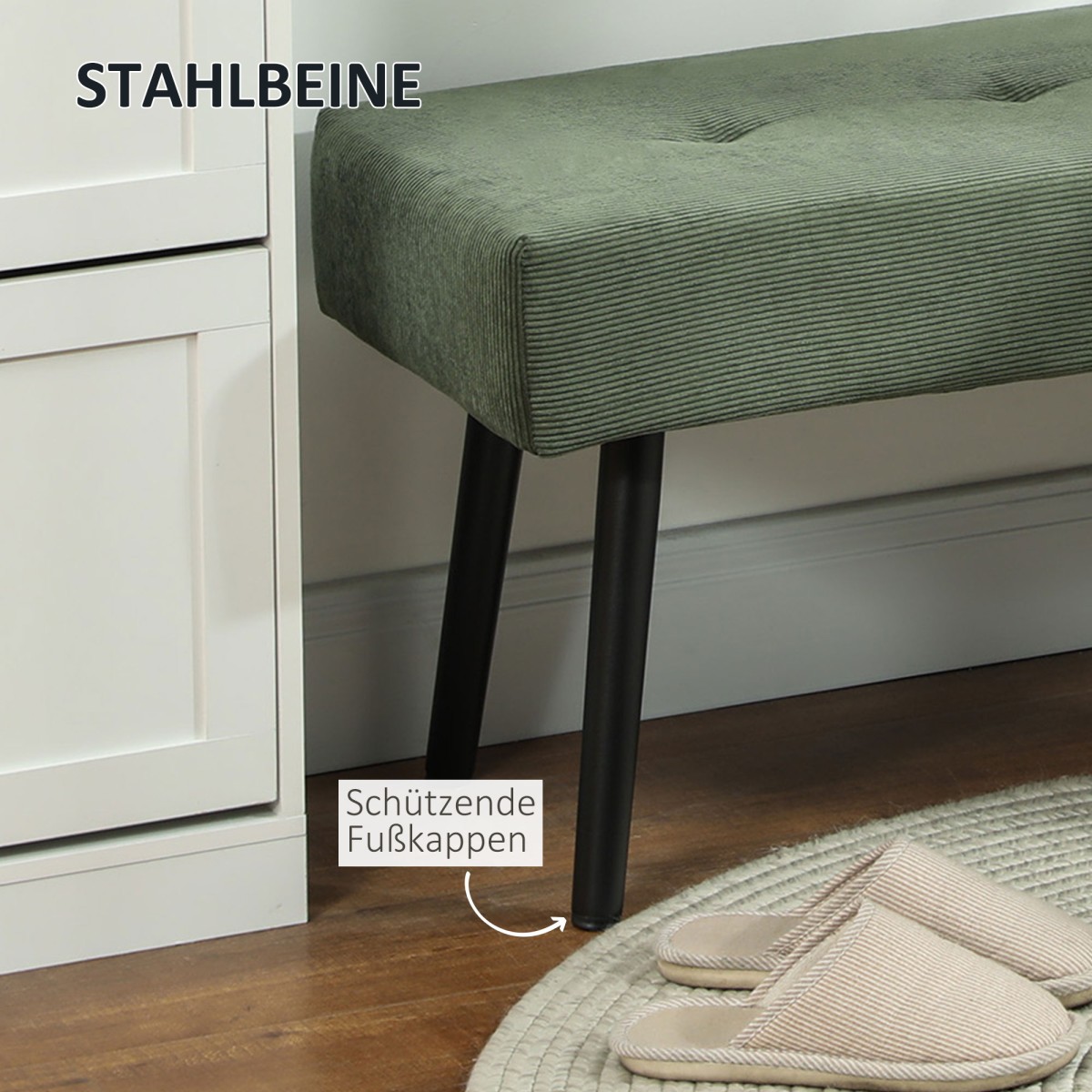 Πάγκος επενδυμένος πάγκος με κάλυμμα κορδονιού, πάγκος κρεβατιού με μεταλλικά πόδια, πάγκος παπουτσιών 100 x 36 x 45 cm πράσινος