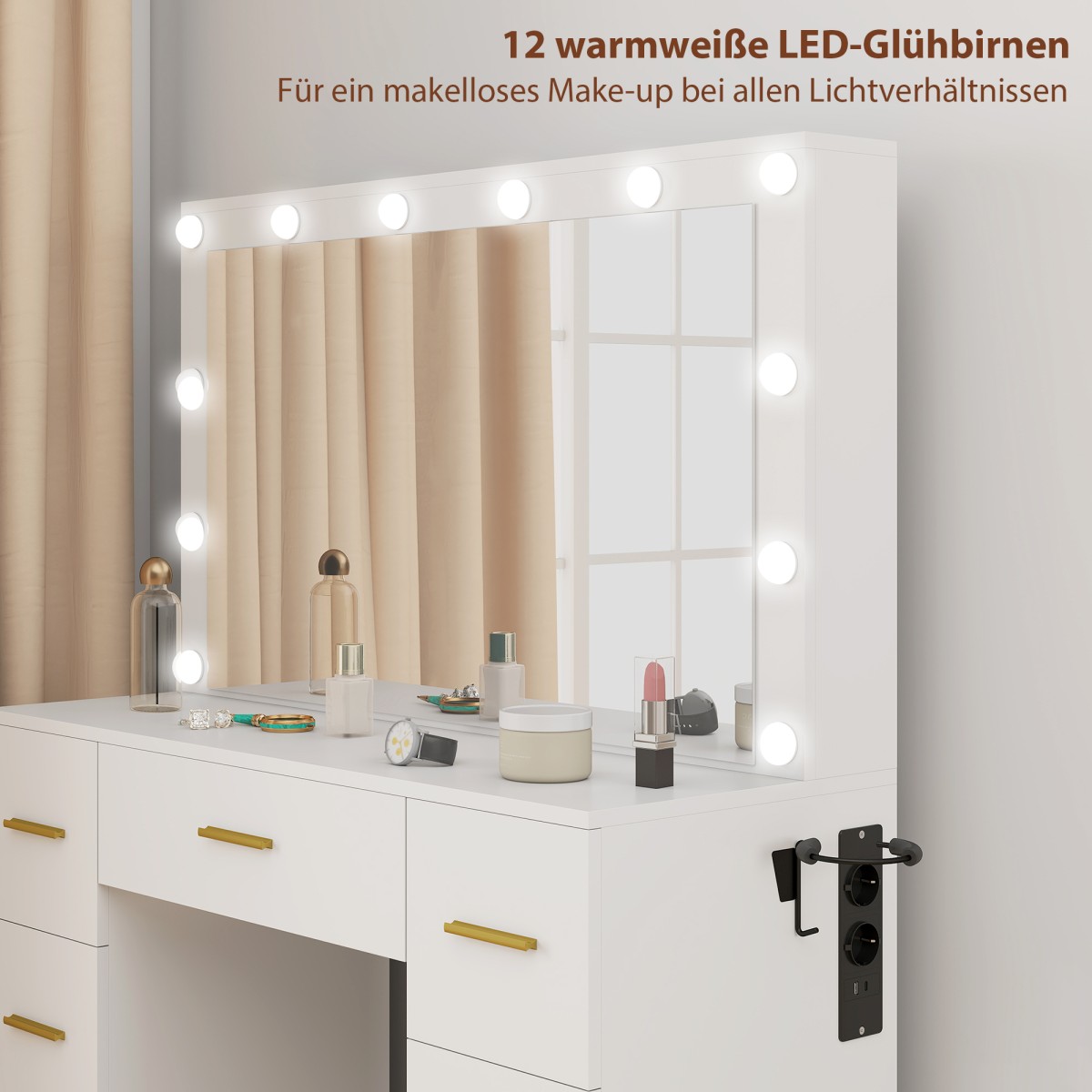 Μπουντουάρ με καθρέφτη και 12 φώτα LED, μπουντουάρ με 7 συρτάρια, 6 κρυφές αποθηκευτικές θήκες, μοριοσανίδες, λευκό