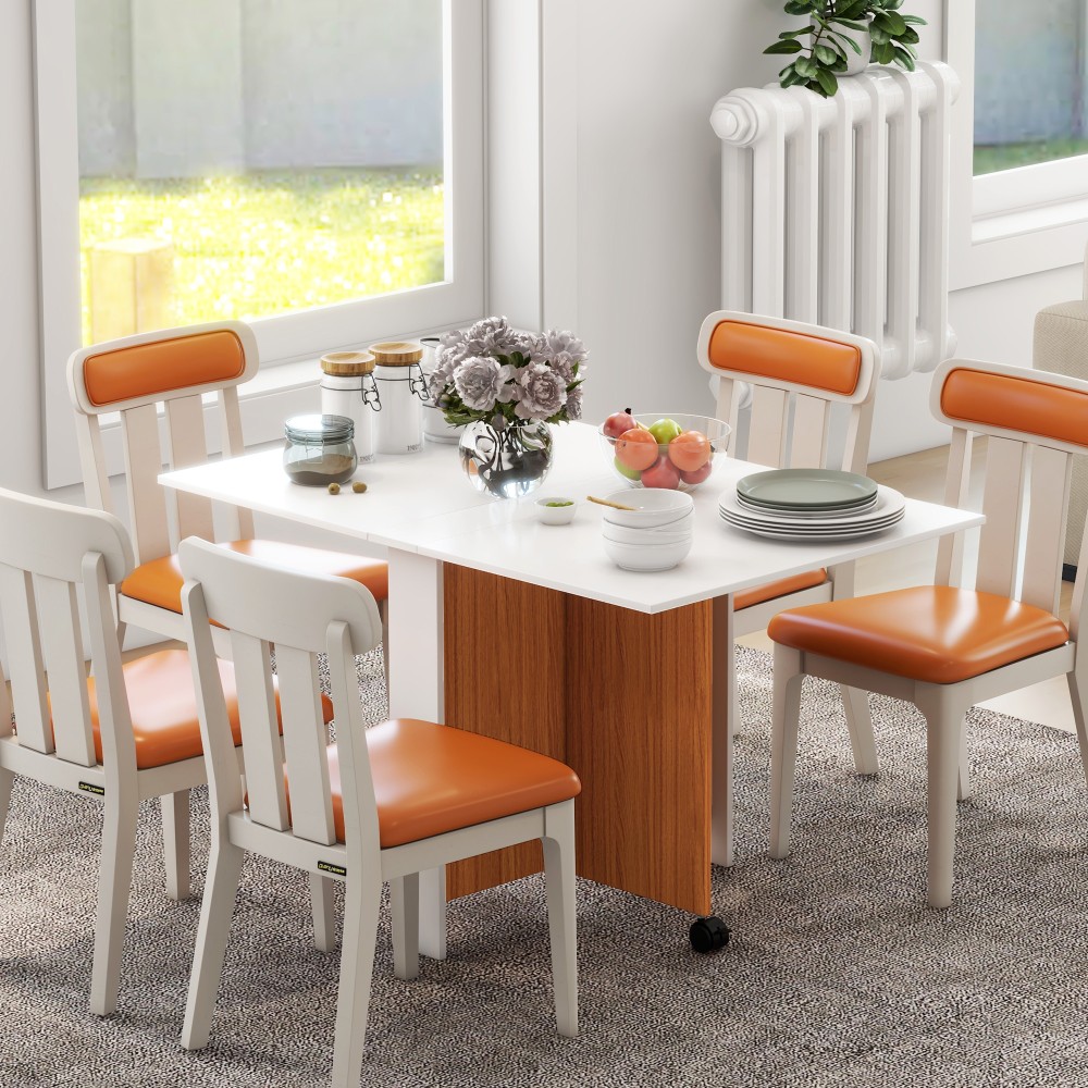 Τραπέζι φαγητού επεκτεινόμενο Τραπέζι φαγητού, κινητό, μοντέρνα σχεδίαση, 120 cm x 80 cm x 73 cm, ξύλο τικ + λευκό