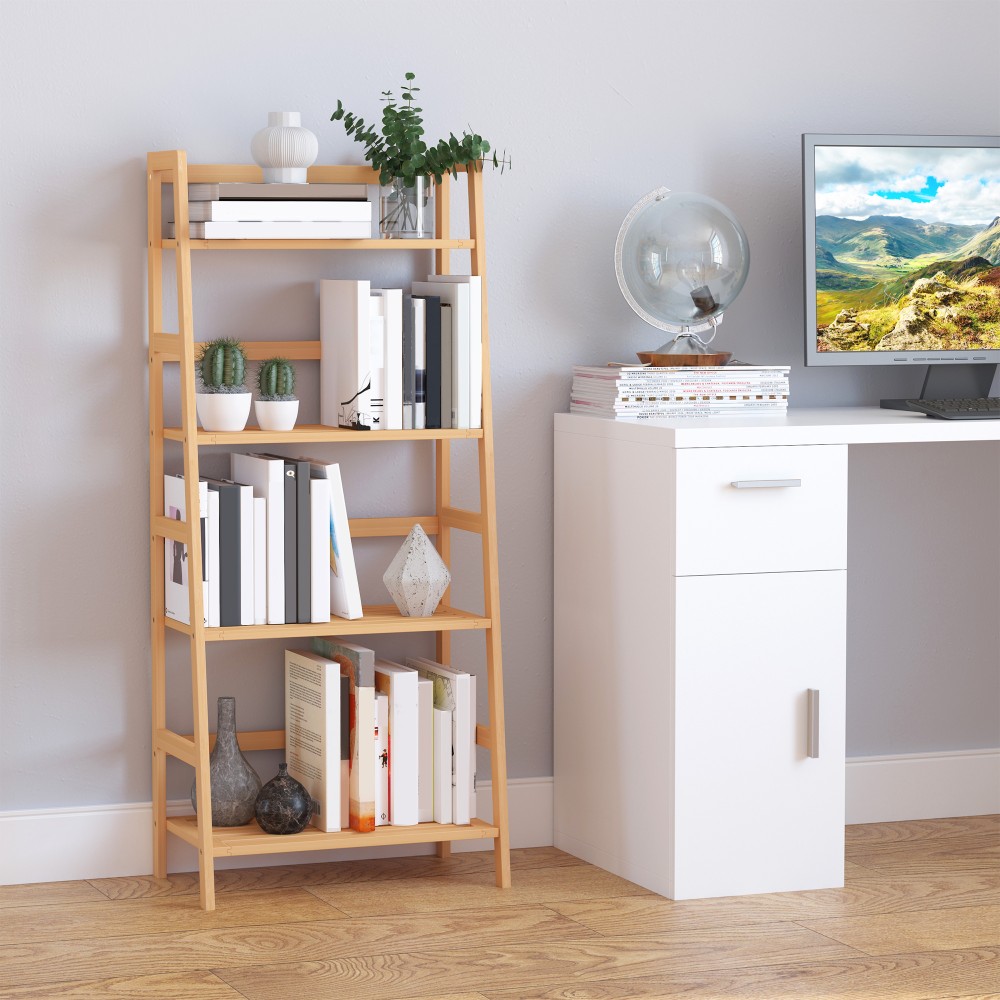 HOMCOM Βιβλιοθήκη, 4 Επίπεδα, Σχέδιο Σκάλας, Μπαμπού, Φυσικό