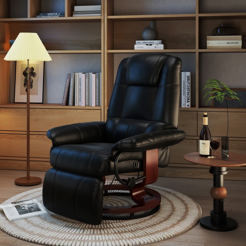 Καρέκλα χαλάρωσης, πολυθρόνα τηλεόρασης, πολυθρόνα, ψεύτικο δέρμα, περιστρεφόμενη καρέκλα 360°, ανακλινόμενη 145°, μαύρο, 78 x 87 x 100 cm