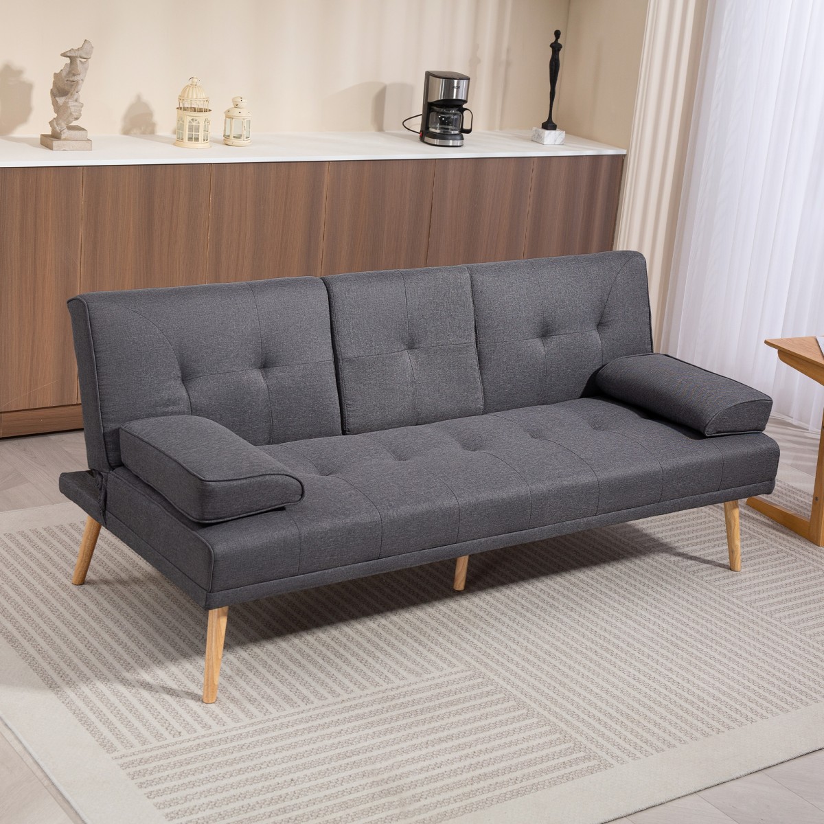 Καναπές κρεβάτι Scandi design, 3θέσιος καναπές, 2 μαξιλάρια, γκρι + φυσικό