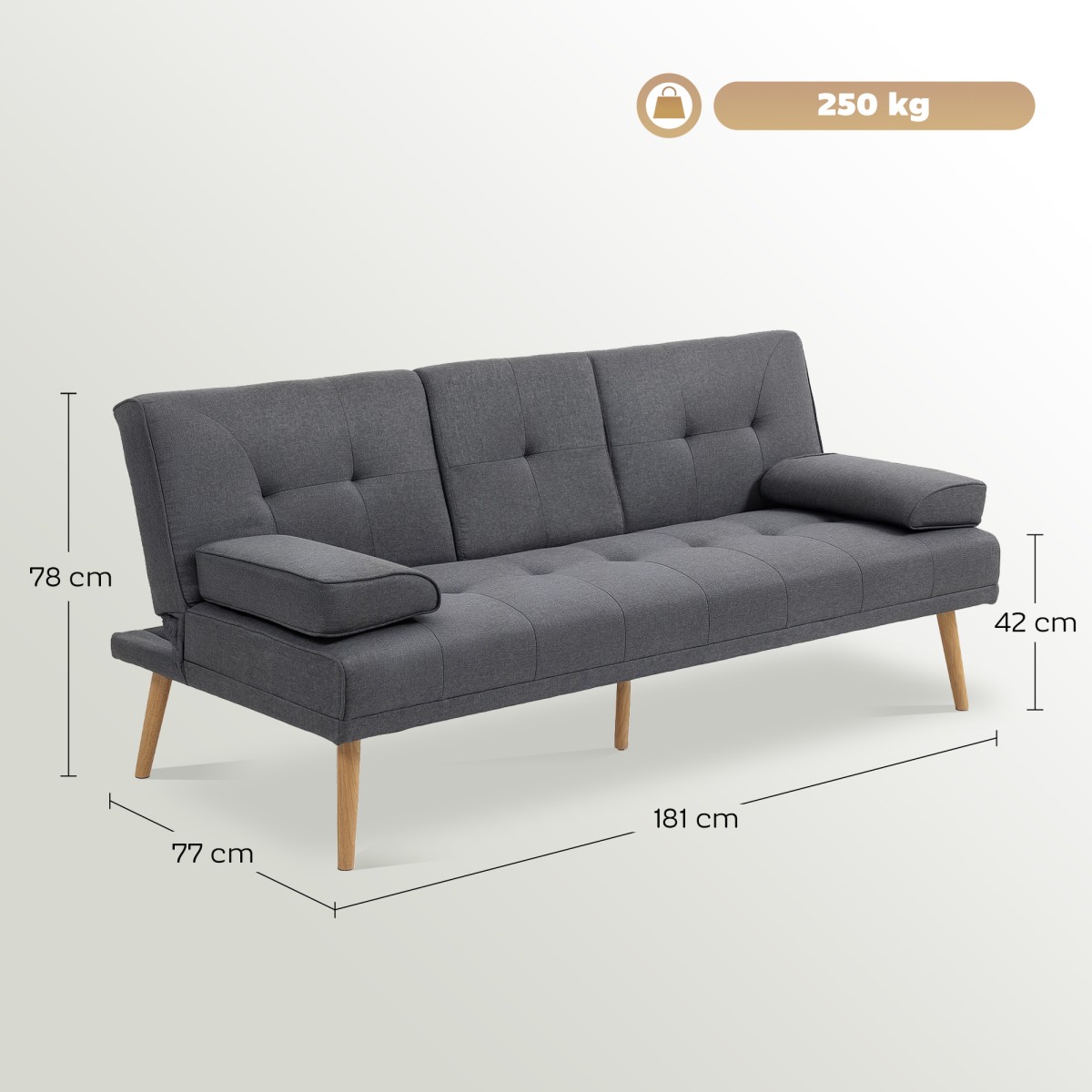 Καναπές κρεβάτι Scandi design, 3θέσιος καναπές, 2 μαξιλάρια, γκρι + φυσικό