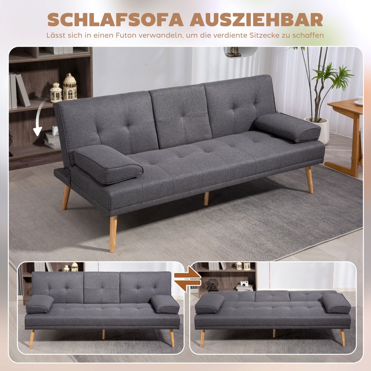 Καναπές κρεβάτι Scandi design, 3θέσιος καναπές, 2 μαξιλάρια, γκρι + φυσικό