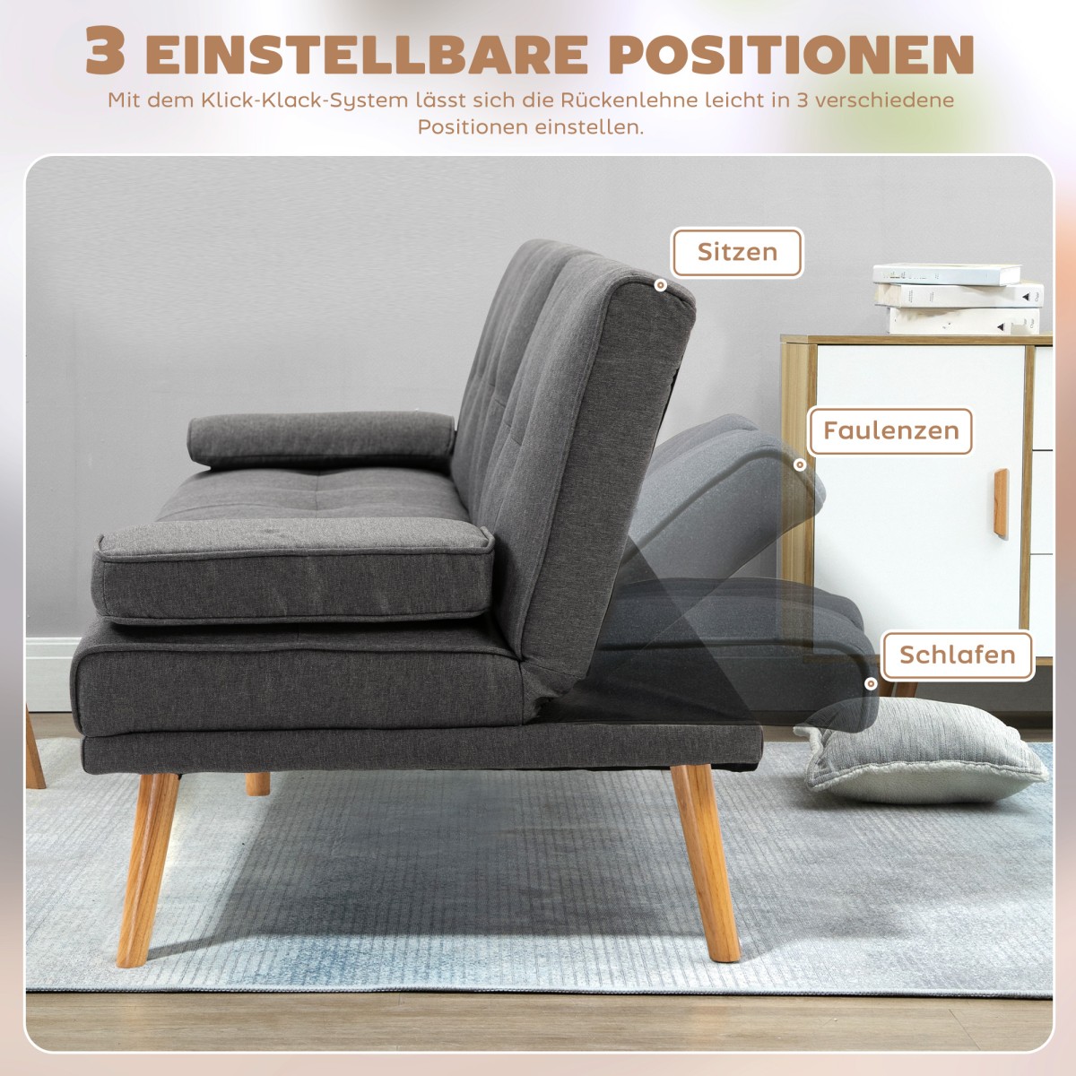 Καναπές κρεβάτι Scandi design, 3θέσιος καναπές, 2 μαξιλάρια, γκρι + φυσικό
