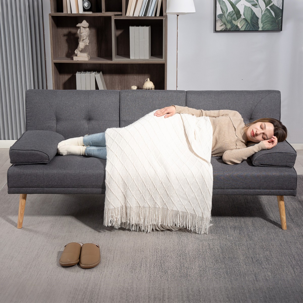 Καναπές κρεβάτι Scandi design, 3θέσιος καναπές, 2 μαξιλάρια, γκρι + φυσικό