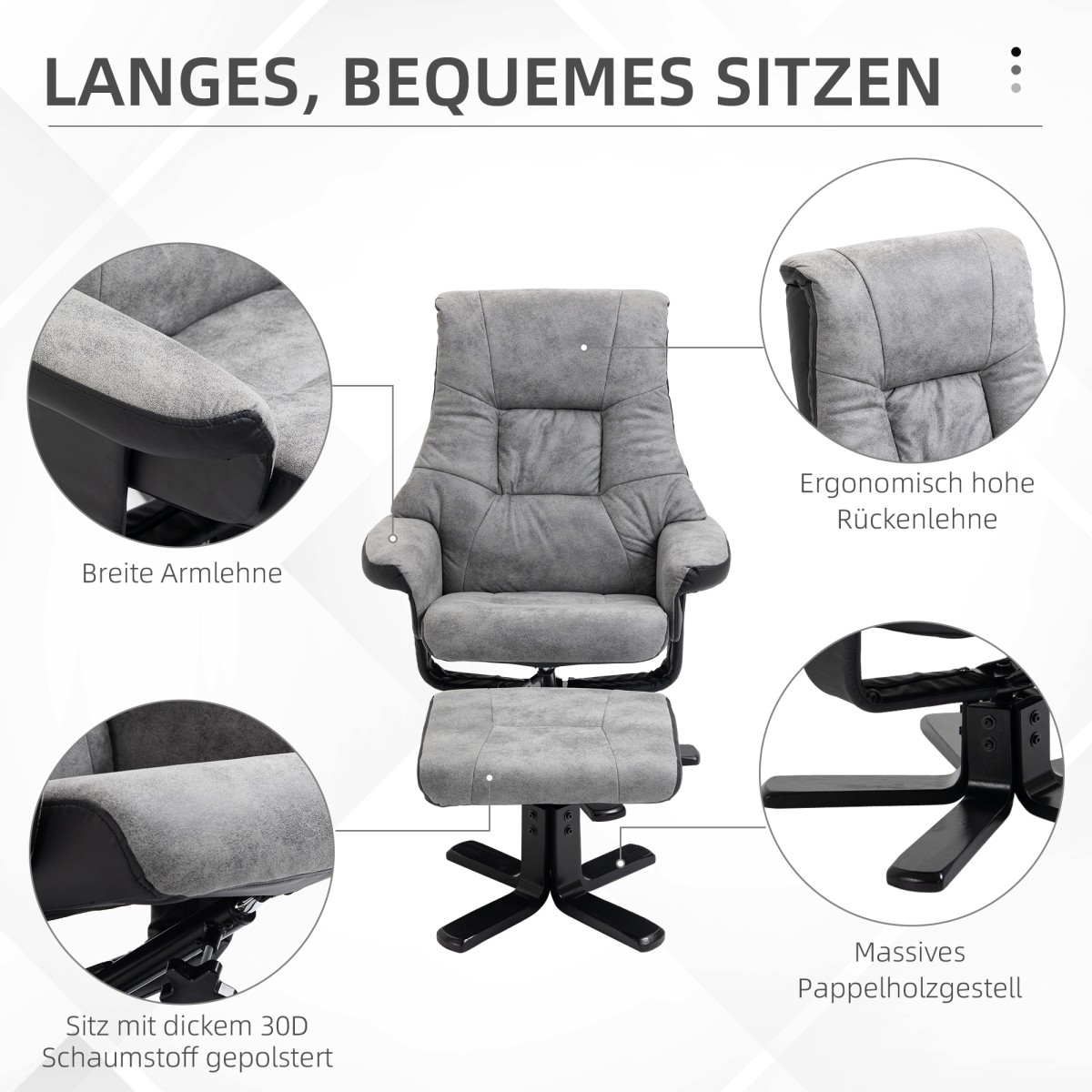 Καρέκλα χαλάρωσης με σκαμπό, περιστρεφόμενο 360°, ανακλινόμενο 135°, κάλυμμα που αναπνέει, 78 x 82,5 x 109 cm, γκρι