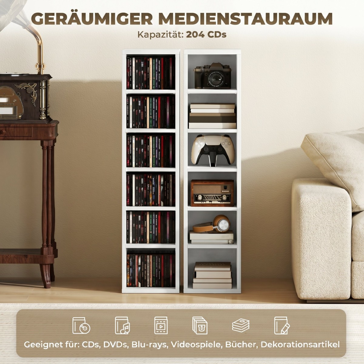 204 Ράφια αποθήκευσης CD Σετ 2, Blu-Ray Tower Stand με ρυθμιζόμενα ράφια, Organizer ραφιών, Λευκό