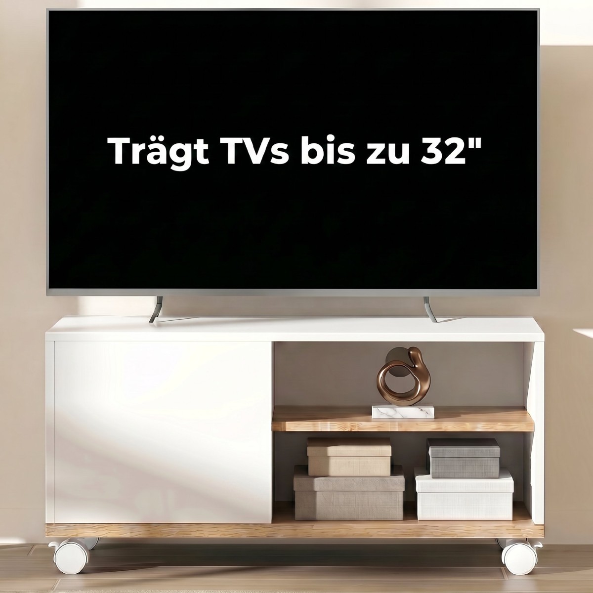 Πίνακας τηλεόρασης σε ρόδες με φρένα, έπιπλα τηλεόρασης με ντουλάπι και ρυθμιζόμενο ράφι, λευκό και δρυς