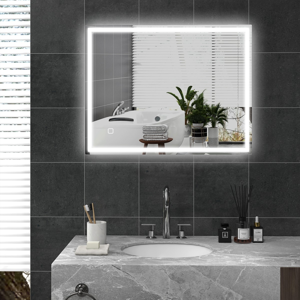Καθρέπτης μπάνιου με φωτισμό 90x70 cm Καθρέφτης LED καθρέφτης τοίχου με λειτουργία μνήμης 3 ανοιχτά χρώματα ασημί