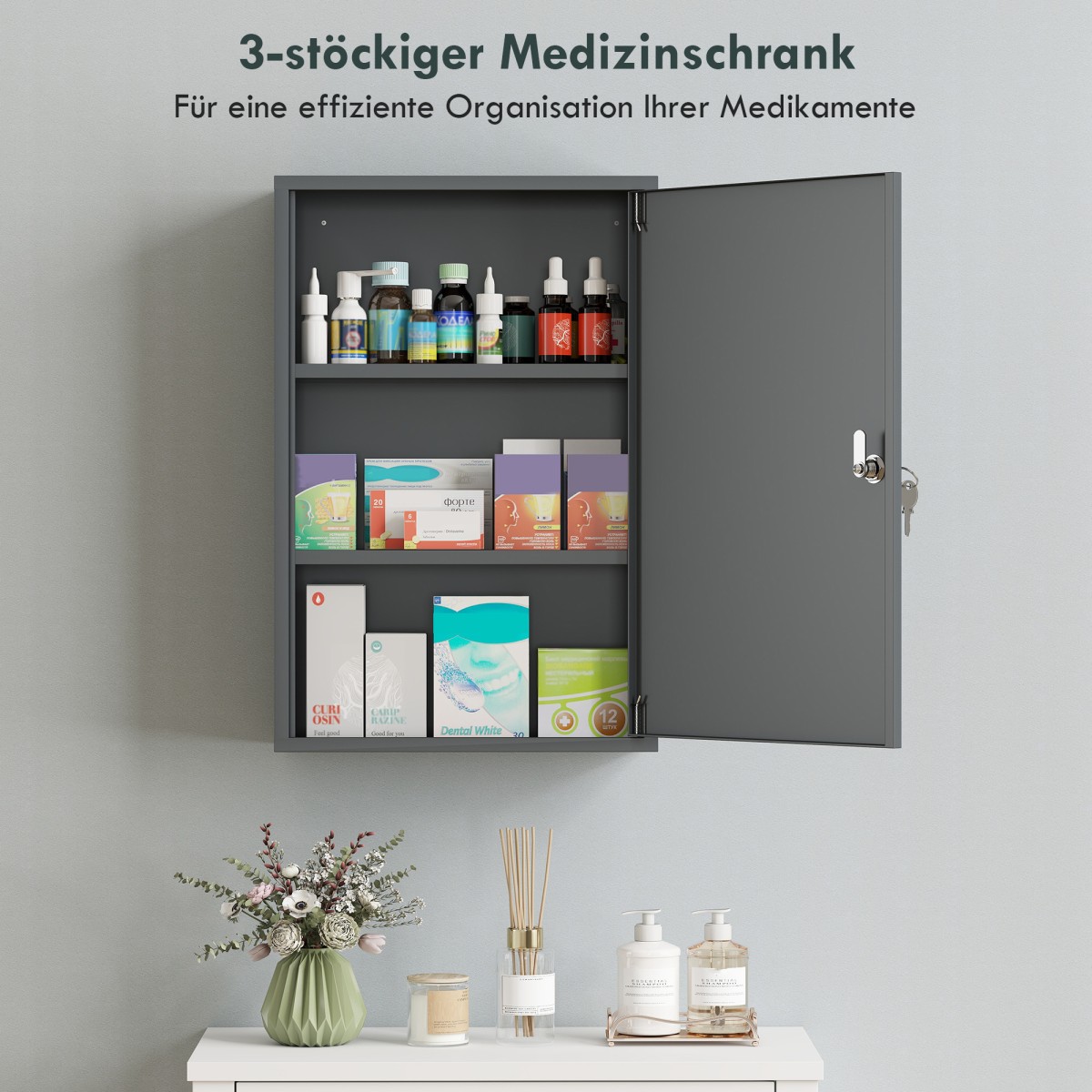 Ντουλάπι Wall Medicine Ντουλάπι μπάνιου με 3 ράφια 2 κλειδιά 40 x 18 x 60 cm Γκρι