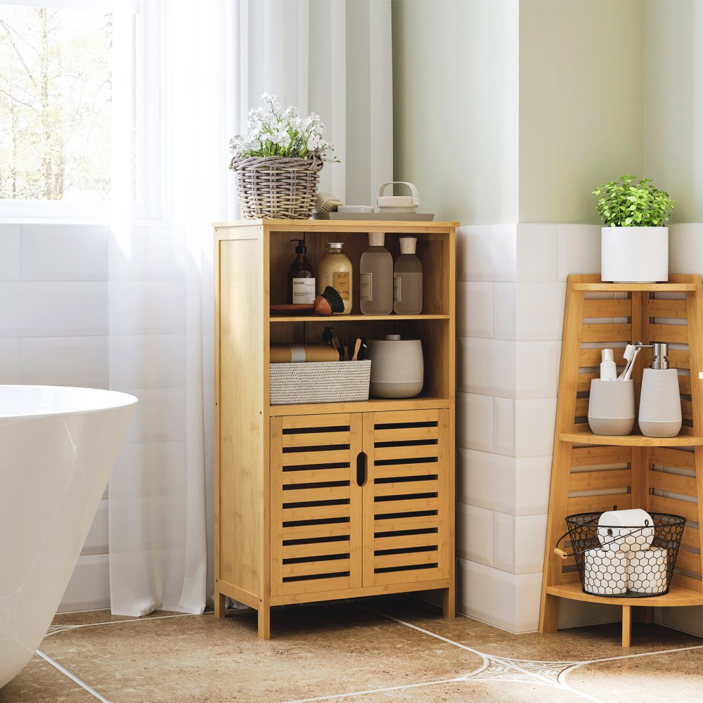 Ντουλάπα Μπάνιου Bamboo με Πόρτες με Σχιστό, 2 Ράφια, 1 Ντουλάπι, 50cm x 29cm x 92cm, Φυσικό
