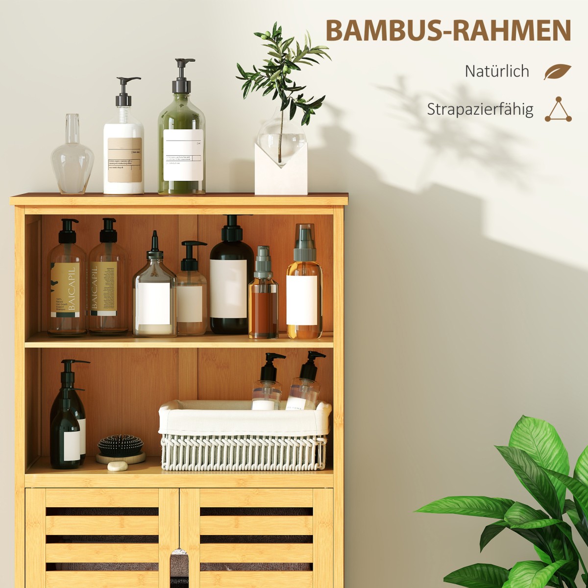 Ντουλάπα Μπάνιου Bamboo με Πόρτες με Σχιστό, 2 Ράφια, 1 Ντουλάπι, 50cm x 29cm x 92cm, Φυσικό