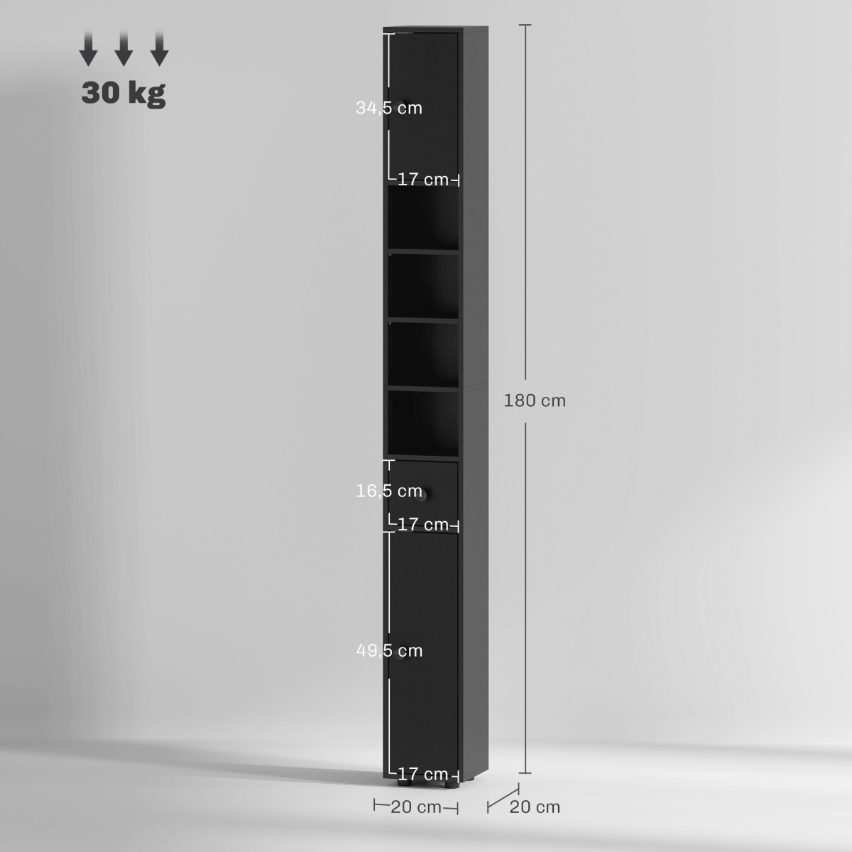 Στενό ντουλάπι μπάνιου 180cm, Σχάρα χαρτιού υγείας με ανοιχτά διαμερίσματα, 2 ντουλάπια, μαύρο