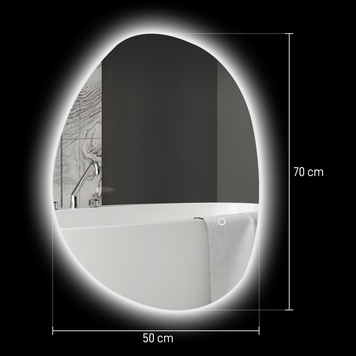 70 x 50 cm ασύμμετρος καθρέφτης μπάνιου με φως LED, έξυπνος διακόπτης αφής, λειτουργία κατά της ομίχλης, ασημί
