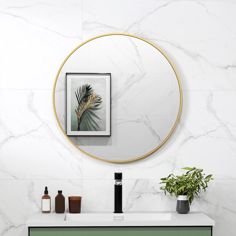 70x70cm Στρογγυλός Καθρέφτης Μπάνιου Επιτοίχιος Χρυσός Κορνίζας