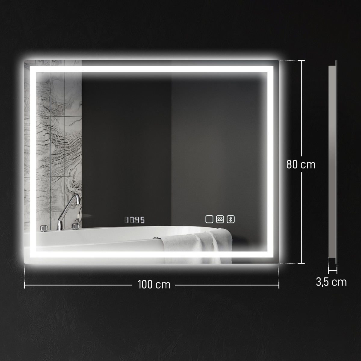 Καθρέφτης μπάνιου LED bluetooth 80 x 100 cm διακόπτης αφής ρυθμιζόμενος φωτισμός 3 χρώματα αντιθαμβωτική μνήμη ασημί