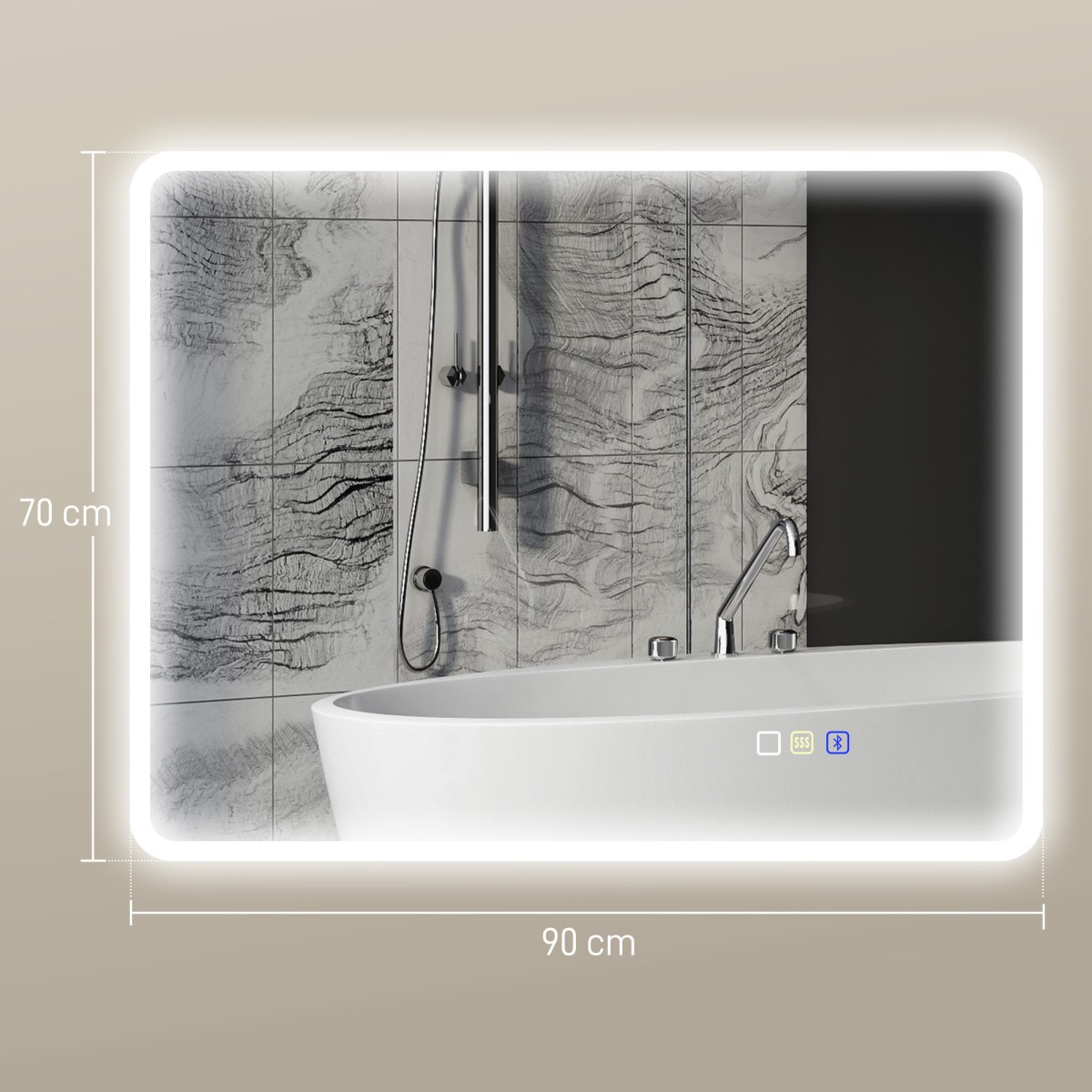Καθρέφτης μπάνιου LED Bluetooth 70 x 90 cm διακόπτης αφής ρυθμιζόμενο φως 3 χρώματα αντιθαμβωτική μνήμη ασημί