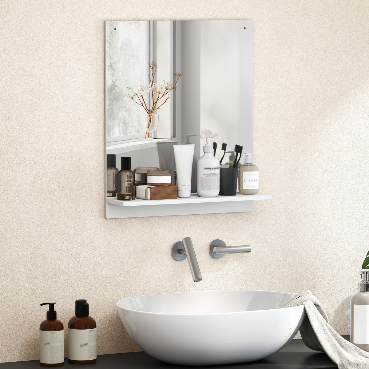 Καθρέφτης μπάνιου 50 x 60 cm καθρέφτης τοίχου με ράφι, καθρέφτης μπάνιου για χώρο εισόδου, διάδρομος, λευκό