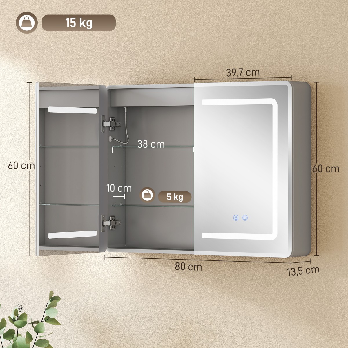 Ντουλάπι καθρέφτη για το μπάνιο με φωτισμό LED, ντουλάπι μπάνιου 60 x 80 cm με αντιθαμβωτικό, ρυθμιζόμενο 3 κατευθύνσεις