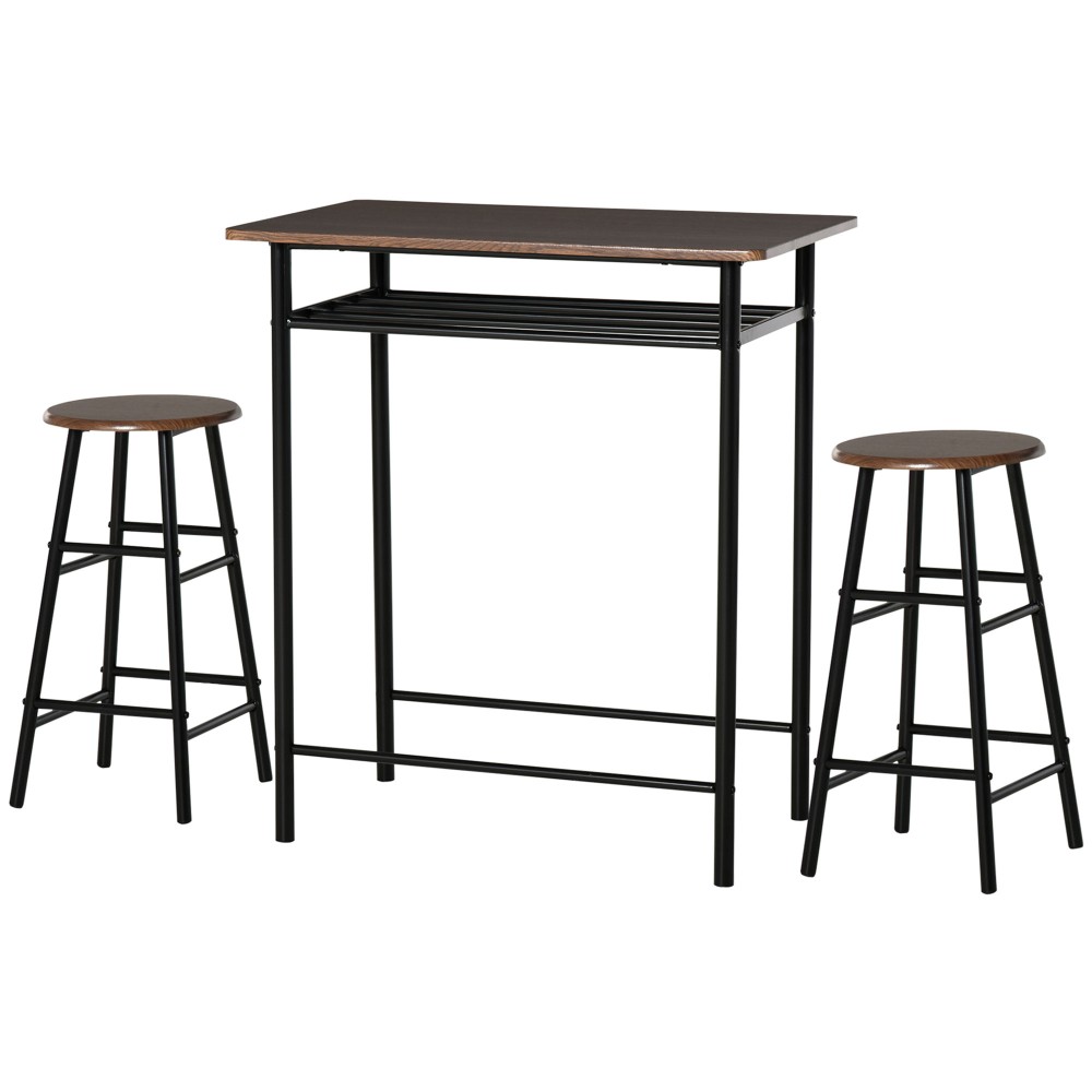 Σετ μπαρ, 3 τεμαχίων, τραπέζι & 2 σκαμπό, ράφι, industrial design, μαύρο/δρυς