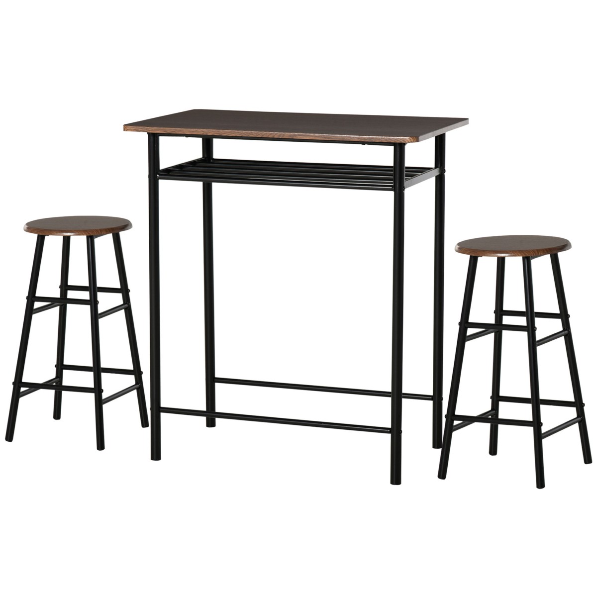 Σετ μπαρ, 3 τεμαχίων, τραπέζι & 2 σκαμπό, ράφι, industrial design, μαύρο/δρυς
