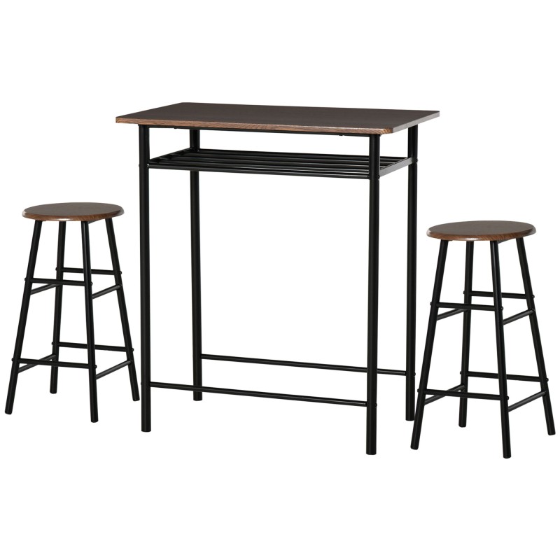 Σετ μπαρ, 3 τεμαχίων, τραπέζι & 2 σκαμπό, ράφι, industrial design, μαύρο/δρυς