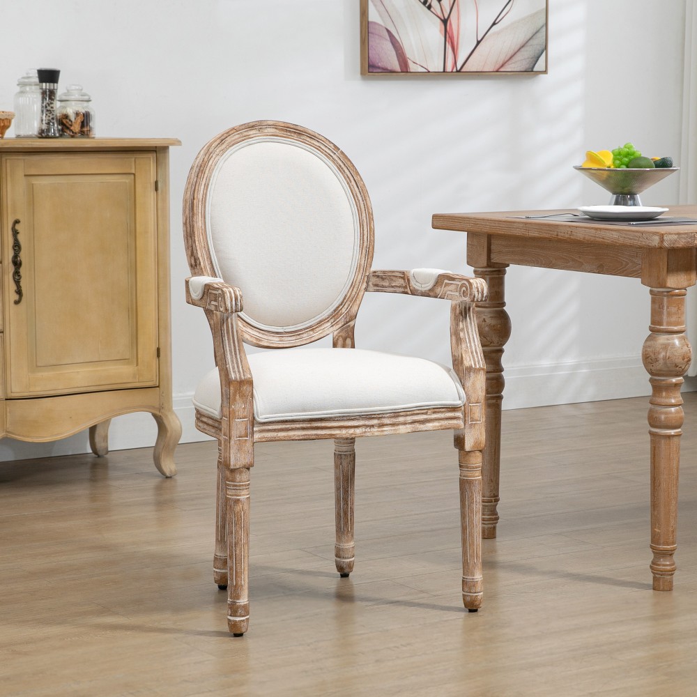 Καρέκλα κουζίνας με μπράτσα, επενδυμένη καρέκλα, καρέκλα τραπεζαρίας, ρετρό σχέδιο σε λινό για σαλόνι, ξύλο καουτσούκ, κρεμ λευκό + ανοιχτόχρωμο ξύλο, 56 x 56 x 96 cm