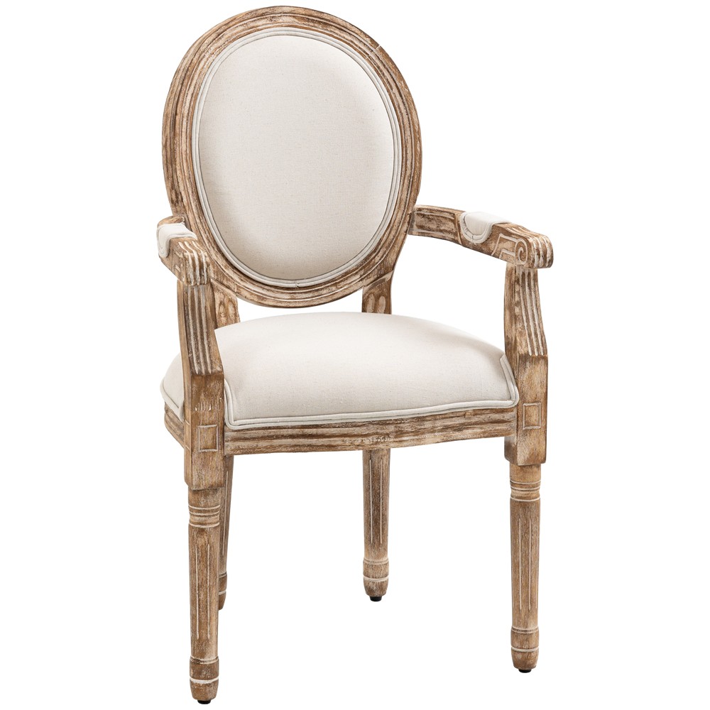 Καρέκλα κουζίνας με μπράτσα, επενδυμένη καρέκλα, καρέκλα τραπεζαρίας, ρετρό σχέδιο σε λινό για σαλόνι, ξύλο καουτσούκ, κρεμ λευκό + ανοιχτόχρωμο ξύλο, 56 x 56 x 96 cm