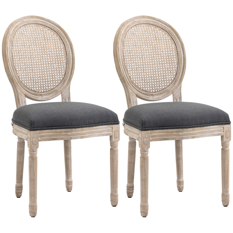 Σετ 2 καρέκλες κουζίνας με μαλακή επένδυση, vintage σχέδιο, εμφάνιση rattan, γκρι