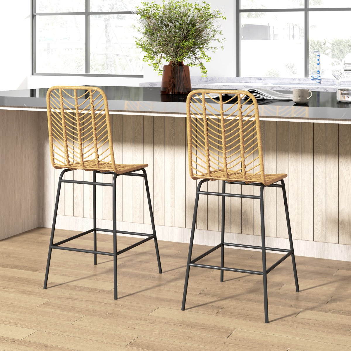 Σετ 2 σκαμπό μπαρ με πλάτη σε σχέδιο boho, PE rattan, συμπεριλαμβανομένου υποπόδιου, 42,5 cm x 52 cm x 102 cm, κίτρινο + μαύρο