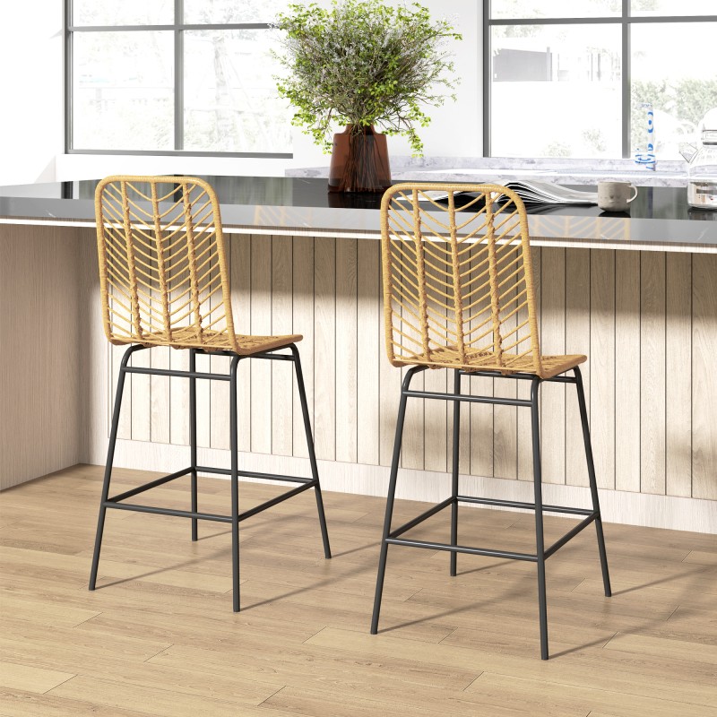 Σετ 2 σκαμπό μπαρ με πλάτη σε σχέδιο boho, PE rattan, συμπεριλαμβανομένου υποπόδιου, 42,5 cm x 52 cm x 102 cm, κίτρινο + μαύρο