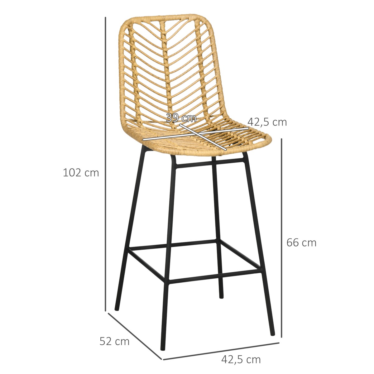 Σετ 2 σκαμπό μπαρ με πλάτη σε σχέδιο boho, PE rattan, συμπεριλαμβανομένου υποπόδιου, 42,5 cm x 52 cm x 102 cm, κίτρινο + μαύρο