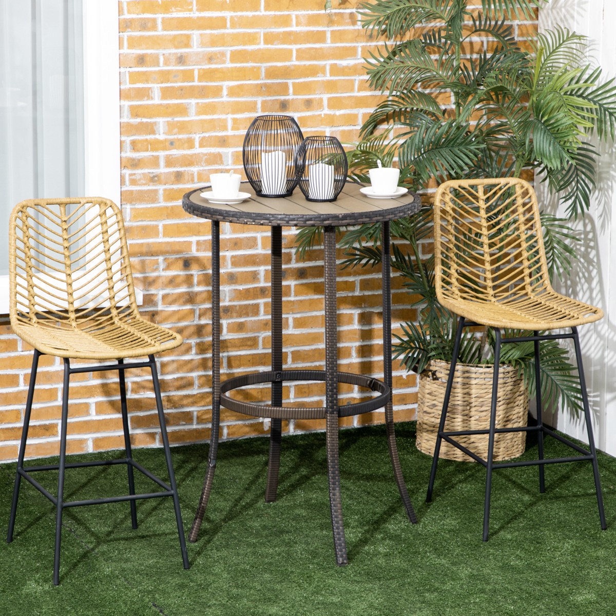 Σετ 2 σκαμπό μπαρ με πλάτη σε σχέδιο boho, PE rattan, συμπεριλαμβανομένου υποπόδιου, 42,5 cm x 52 cm x 102 cm, κίτρινο + μαύρο