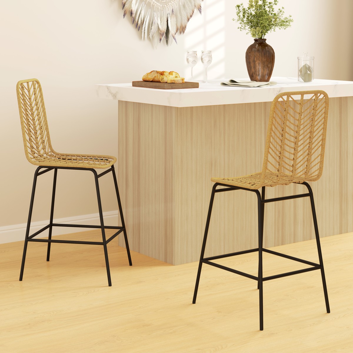 Σετ 2 σκαμπό μπαρ με πλάτη σε σχέδιο boho, PE rattan, συμπεριλαμβανομένου υποπόδιου, 42,5 cm x 52 cm x 102 cm, κίτρινο + μαύρο