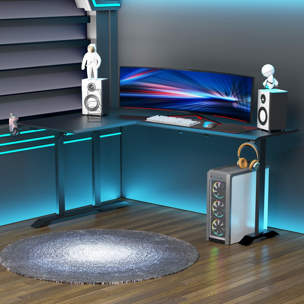 HOMCOM Gaming γραφείο, L-διαμορφωμένο με γάντζο ακουστικών, βάση ποτηριού, τραπέζι υπολογιστή, MDF, μέταλλο, μαύρο+κόκκινο, 168 x 109 x 78 cm