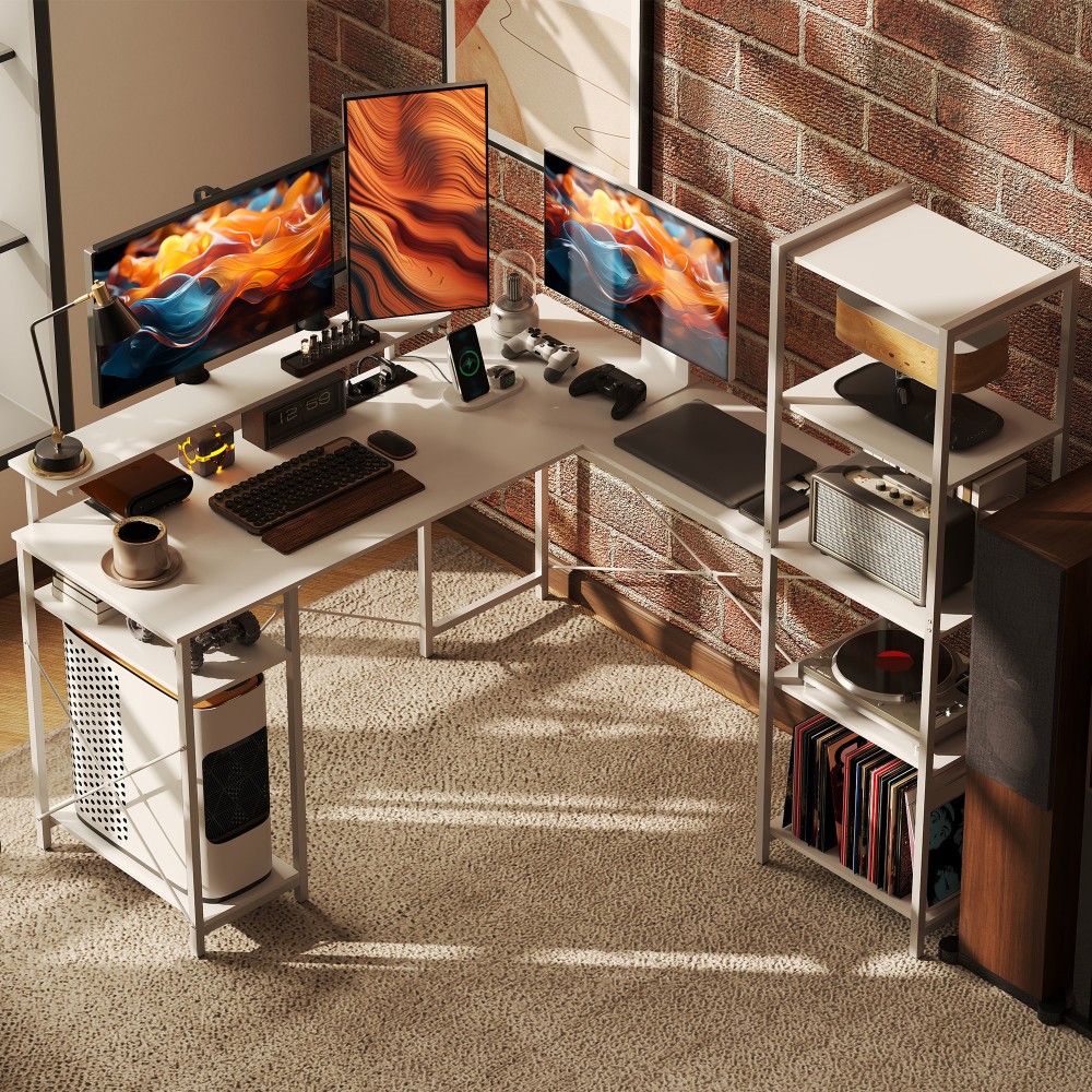 HOMCOM Γραφείο σε σχήμα L με σταθμό φόρτισης, γωνιακό γραφείο υπολογιστή με βάση οθόνης και ράφια, για οικιακό γραφείο, γραφείο, Λευκό