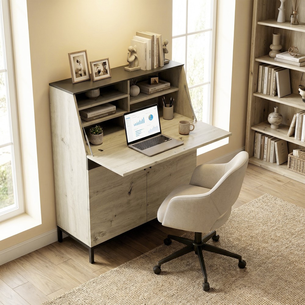 Βιομηχανικό γραφείο γραμματέα με ράφια και μεταλλικό σκελετό 100 cm φυσικό ξύλο και μαύρο