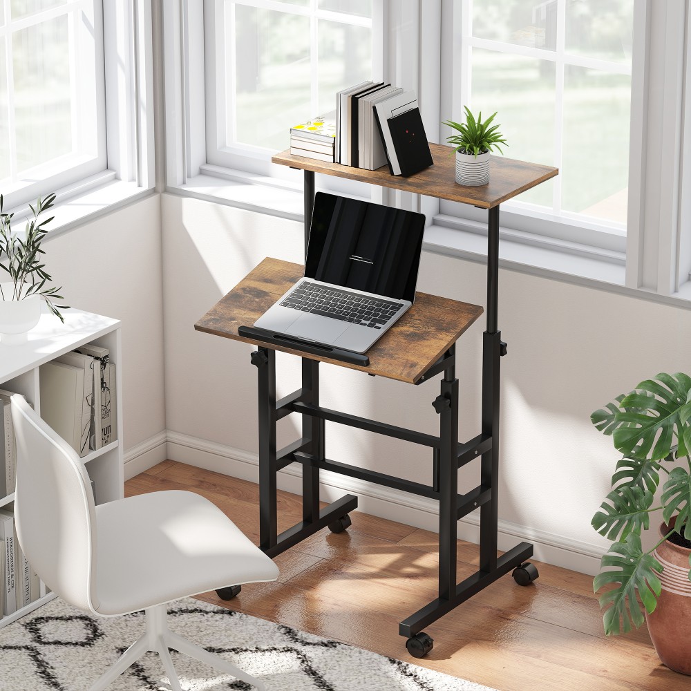 HOMCOM Γραφείο Ρυθμιζόμενο καθ' ύψος, Τραπέζι κουζίνας με ράφι, Ρόδες, Γραφείο υπολογιστή Ρουστίκ Καφέ 60 x 60 x 70,5-120 cm