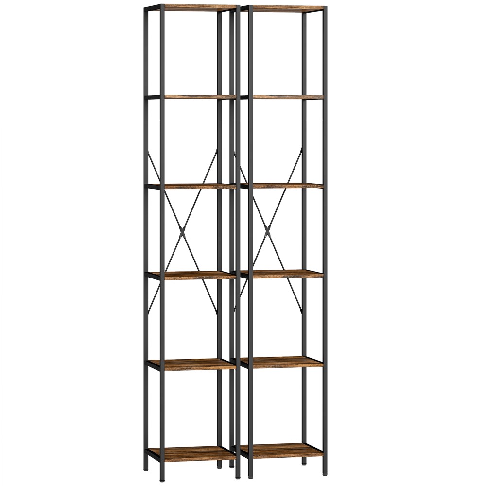 Σετ 2 ραφιών βιβλίων 6 επιπέδων, ατσάλινο πλαίσιο, για σαλόνι, γραφείο, υπνοδωμάτιο, ρουστίκ καφέ