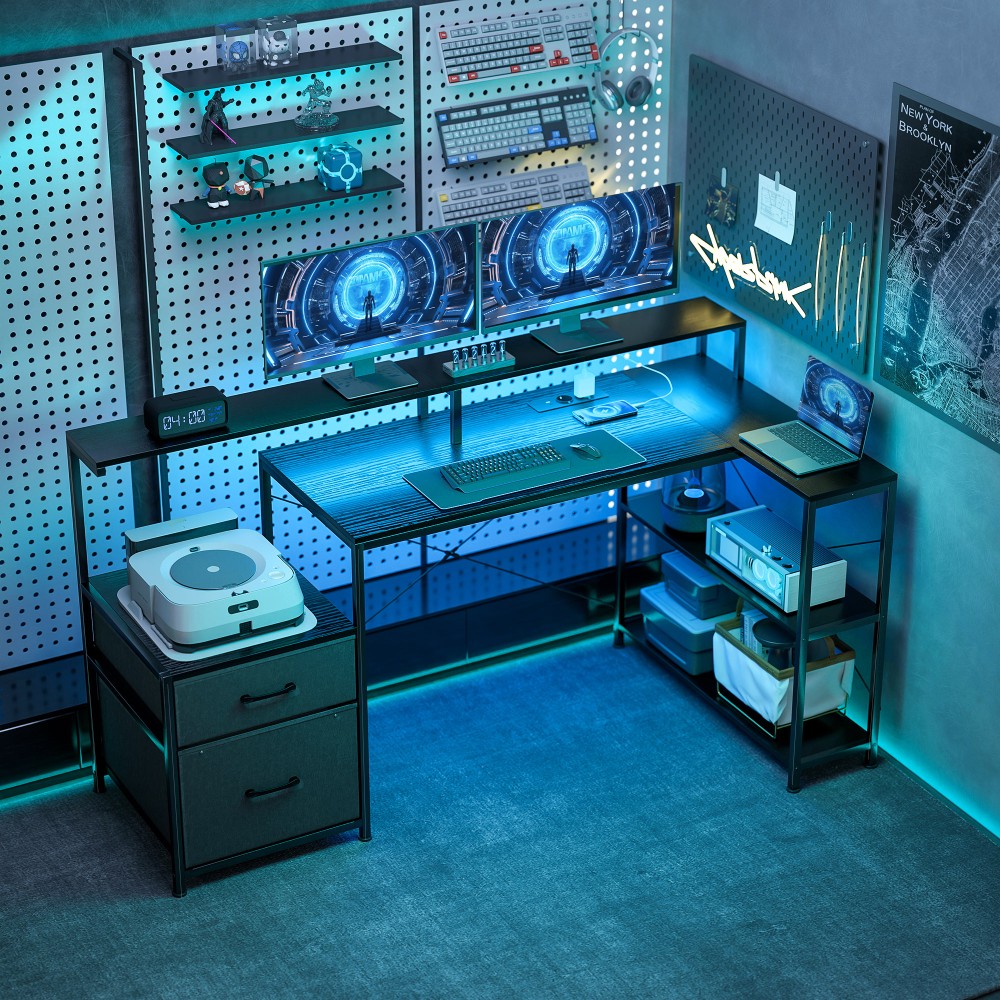 Τραπέζι παιχνιδιών Γραφείο σε σχήμα L με LED & υποδοχές, με βάση διπλής οθόνης, 165x80x91,5 cm, εμφάνιση μαύρου ξύλου