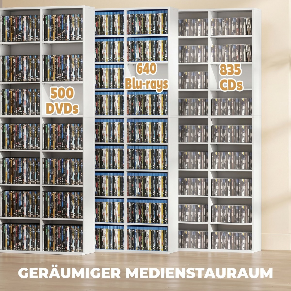 Ράφι για 835 CD ή 500 DVD, ράφι πολυμέσων Blu-ray με 27 θήκες και 21 ρυθμιζόμενα ράφια, λευκό