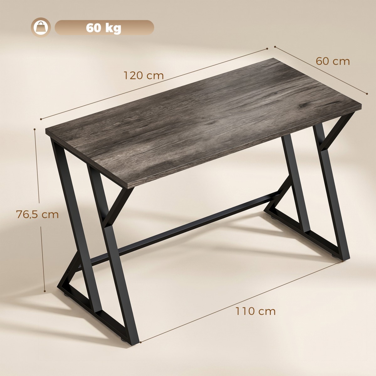 Επιτραπέζιο τραπέζι υπολογιστή 120x60cm τραπέζι γραφείου με μεταλλική βάση σε σχήμα Ζ, όψη ξύλου, βιομηχανικό σχέδιο για γραφείο, γκρι