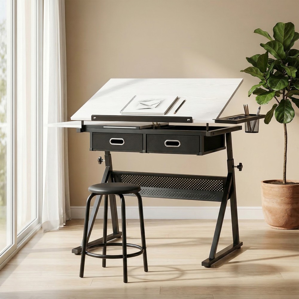 Τραπέζι σχεδίασης ρυθμιζόμενο ύψος, τραπέζι εργασίας με σκαμπό και συρτάρια, λευκό